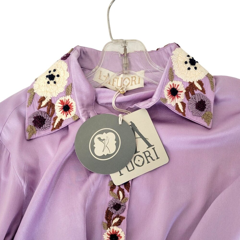 La Fuori Lavender Silk Embroidered Floral Shirt Women's XL with Original Tags - Picture 3 of 9